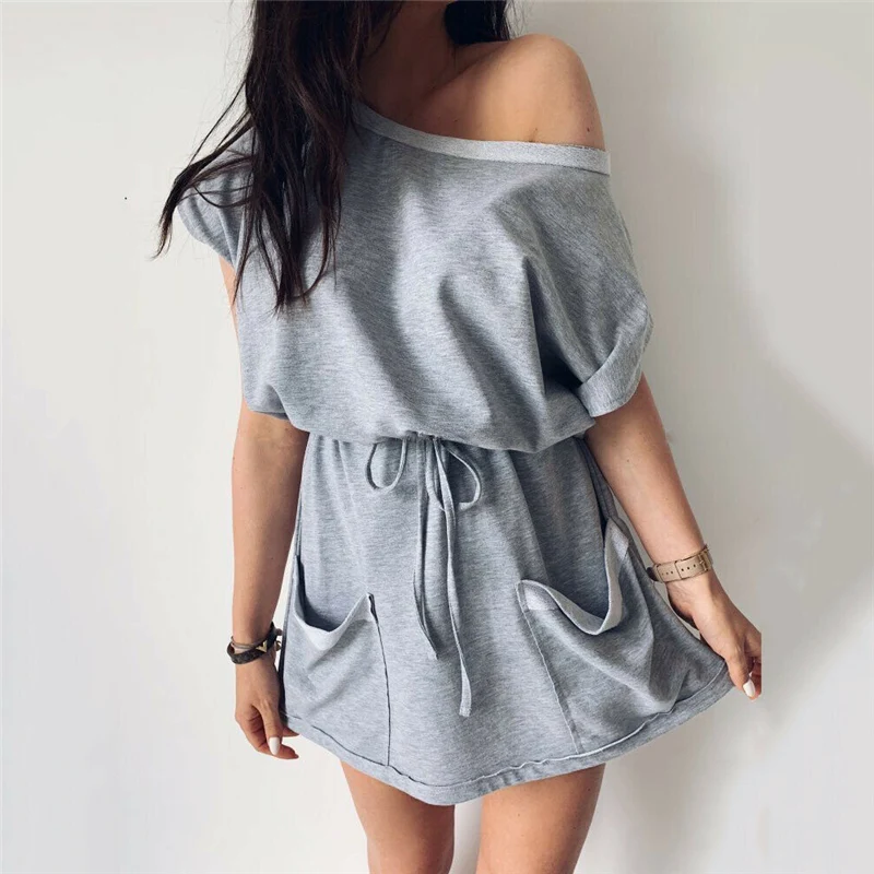 

Women Summer Casual Plain Off Shoulder Dress Elegant Ladies Solid Cotton High waist Tunic Pockets Sundress Fashion Streetwear