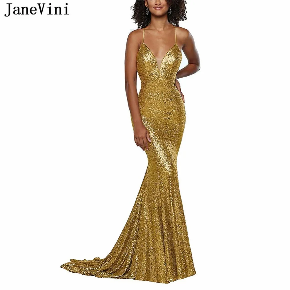 

JaneVini Sparkle Long Gold Prom Dress Spaghetti Straps Sequined Mermaid African Sexy Prom Dresses 2019 Plus Size Vestidos Largos