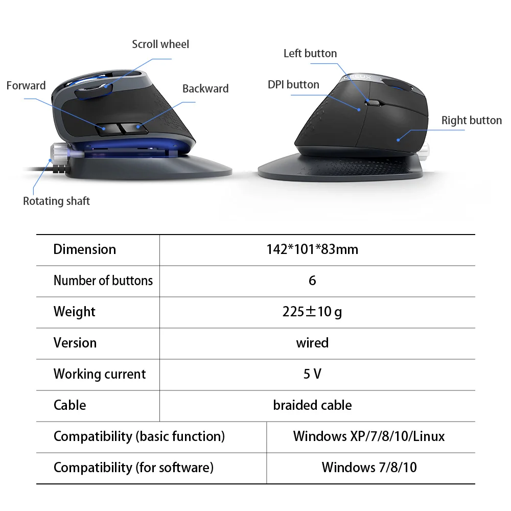 Delux M618X ángulo ajustable con Cable ratón Vertical 4000 PPP diseño ergonómico Cable trenzado óptico ratones con luz RGB para ventanas - 5