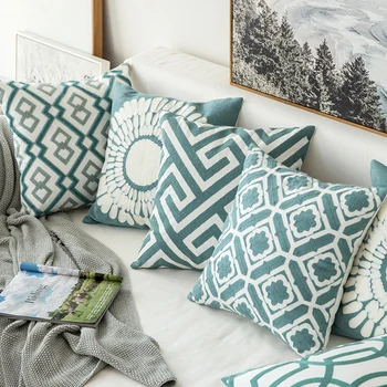 Home Decor Embroidered Cushion Cover Grey Blue/White Geometric Floral Canvas Cotton Suqare Embroidery Pillow Cover 45x45cm 1