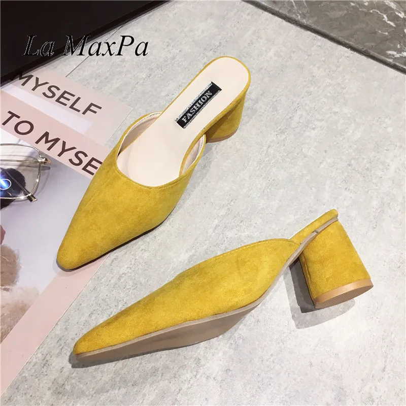 

2019 Summer Women Flock Leather Yellow Slippers Mules Close Toe Round Toe Chunk High Heel Slip on Pointed Toe Ladies Flip Flops