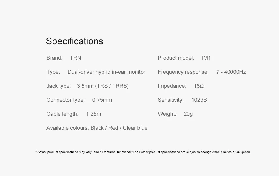 TRN IM1 1BA+ 1DD гибридные наушники-вкладыши Monito, спортивные наушники для бега, Hi-Fi гарнитура, съемный 2-контактный кабель, Заказные наушники