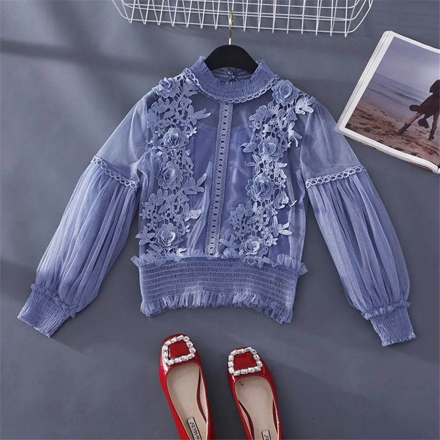 الربيع الصيف النساء الرباط الزهور البلوزات قميص السيدات قمم مثير شبكة البلوزات شفافة أنيقة انظر من خلال قميص