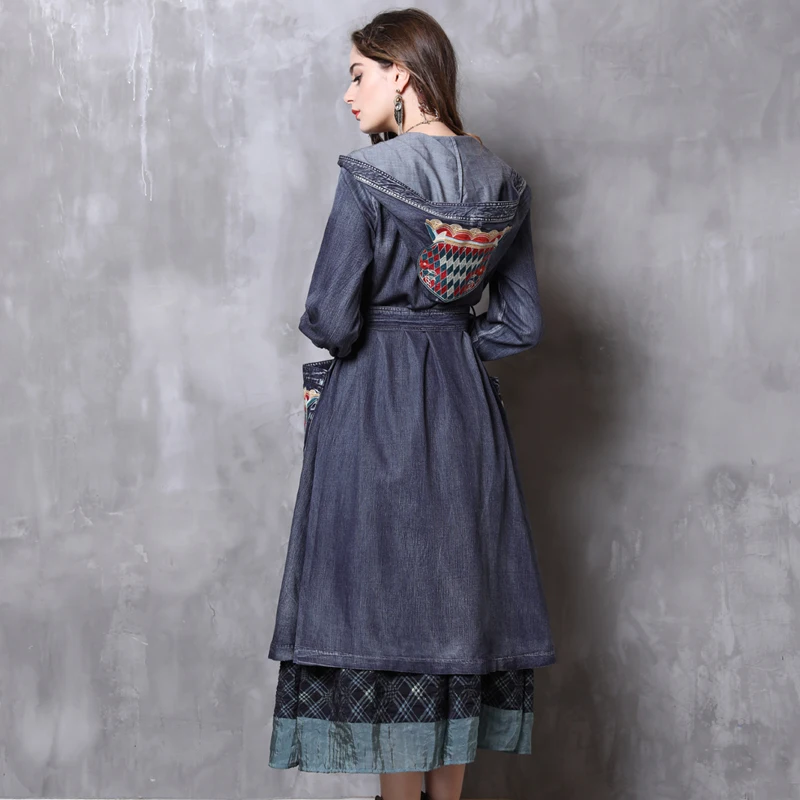 Frauen Denim Vintage Lange Trenchcoat H 2018 Herbst Winter Retro Laterne ZOPkuXi