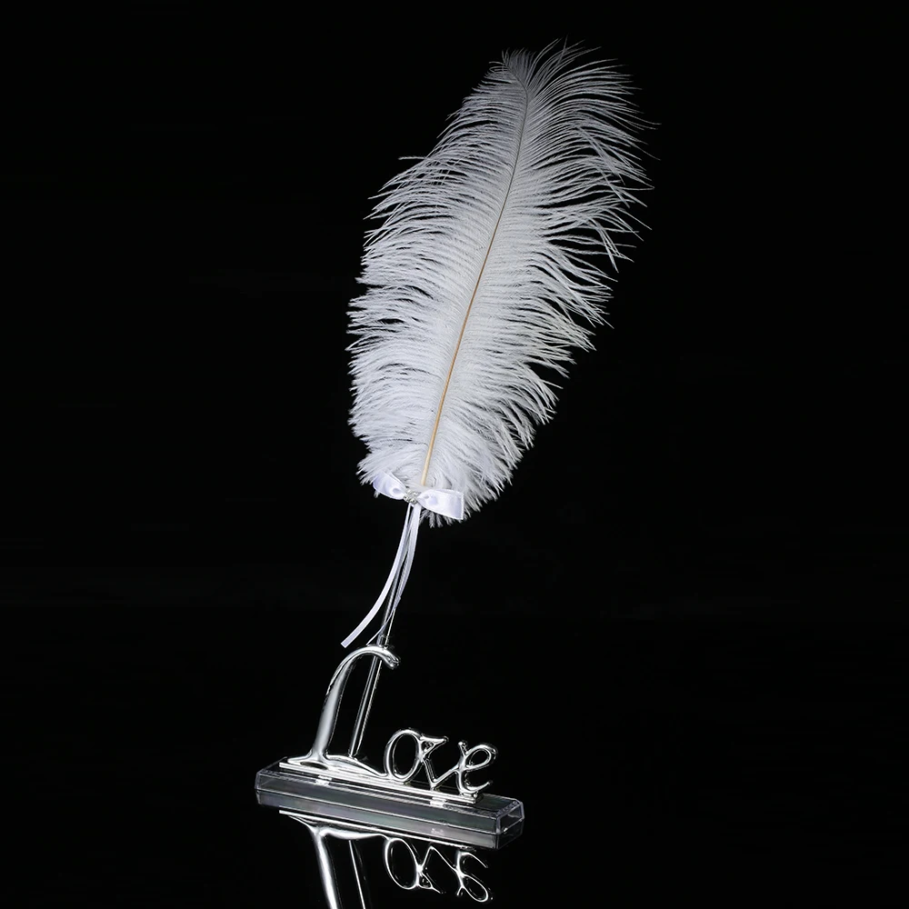 

Retro Style White Feather Signing Pen with "Love" Holder Wedding Signing Pen Set Decoration Supplies Sliver Wedding Decoration