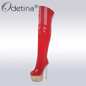 

Odetina 2019 New Fashion Patent Leather Over The Knee Boots Extreme High Heels Platform Thigh High Party Boots Sexy Winter Shoes