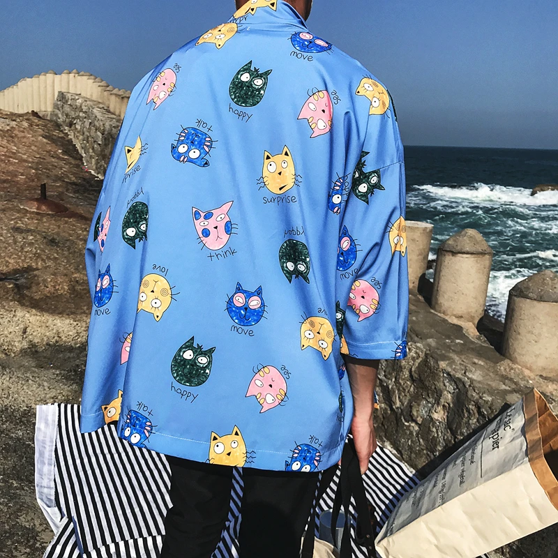 Cartoon Printed Open Stitch Three Quarter Kimono Jacket Men 2018 Summer Men's Kimono Jackets Cartoon Printed Open Stitch Three Quarter Kimono Jacket Men 2018 Summer Men's Kimono Jackets