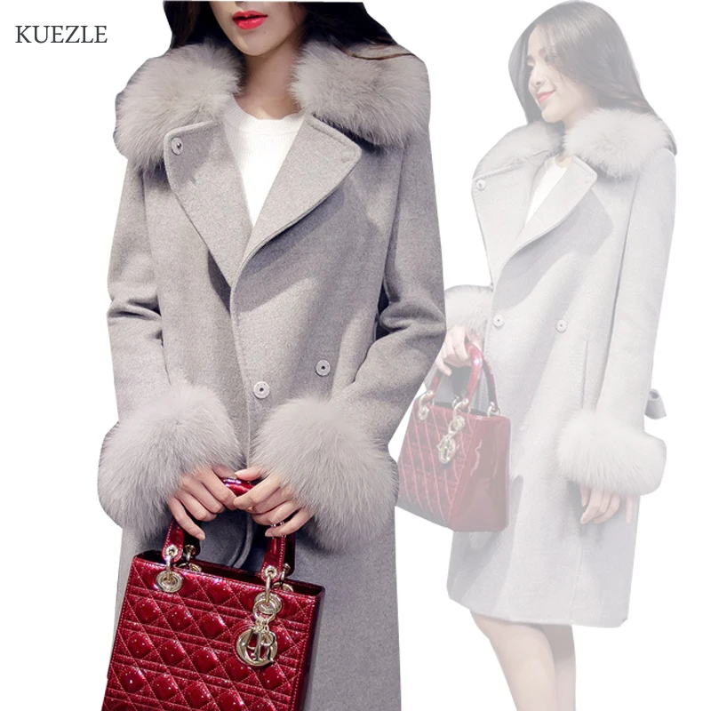 

2018 Autumn Winter Women Coats Fashion Slim Turn-Down Collar Solid MD-Long Woolen Blends Coat Female Large Outerwear gray