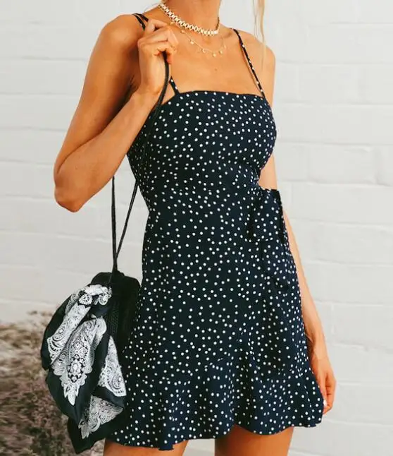 

Sexy v neck ruffle strap mini dress women polka dot sleeveless sling dress Summer dress Irregular Ruffled party vestido