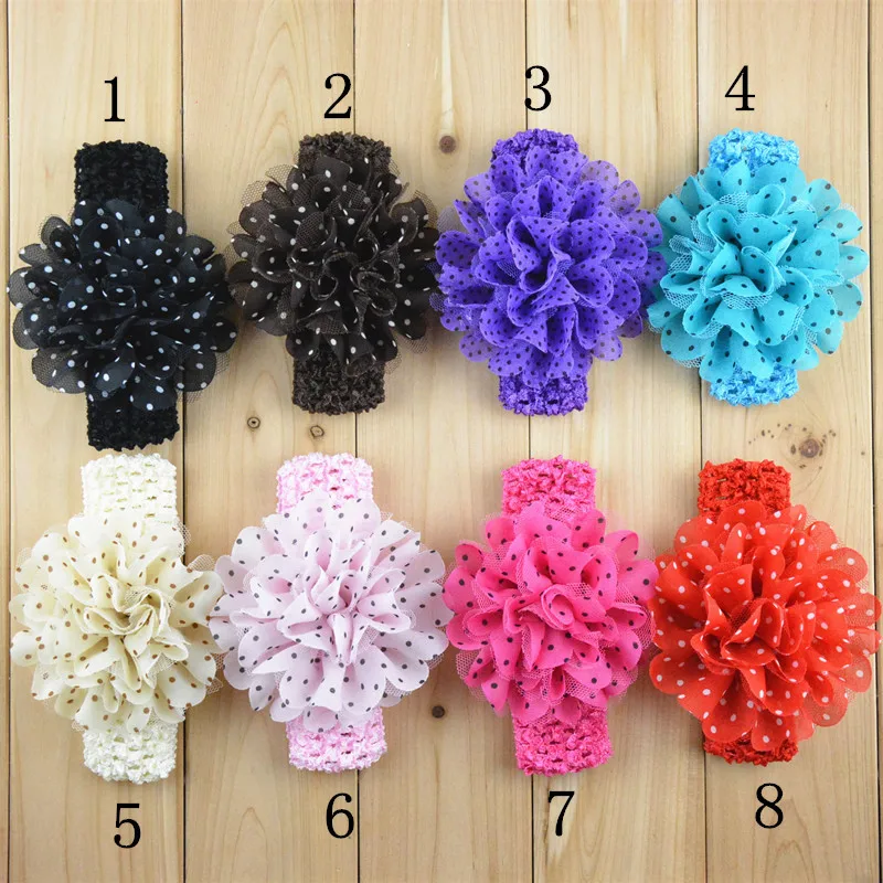 

15pcs Fashion Polka Dots Style Chiffon Flower Woven Crochet Wide Elastic Hair Band Girls Photo Prop Ornament Jewelry Headwear