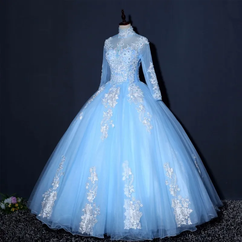 Vestido de Novia, мусульманское свадебное платье с длинным рукавом, бальное платье, свадебное платье с высоким воротом, голубые кружевные свадебные платья с аппликацией