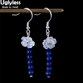 

Uglyless Real 925 Sterling Silver Fine Jewelry Natural Shell Flower Earrings Beading Lapis Balls Dangle Earrings Ethnic Brincos
