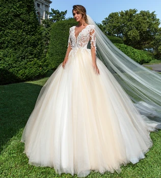 

New Design Long Wedding Dress 2019 Scoop Long Sleeves Ball Gown Chapel Train Appliques Tulle Bride Dresses Vestido de noiva