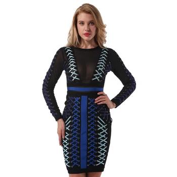 

2020 New Bandage Dress Women Long Sleeve O-Neck Sexy Club Celebrity Evening Party Above Knee Patchwork Lace-up Bodycon Dress