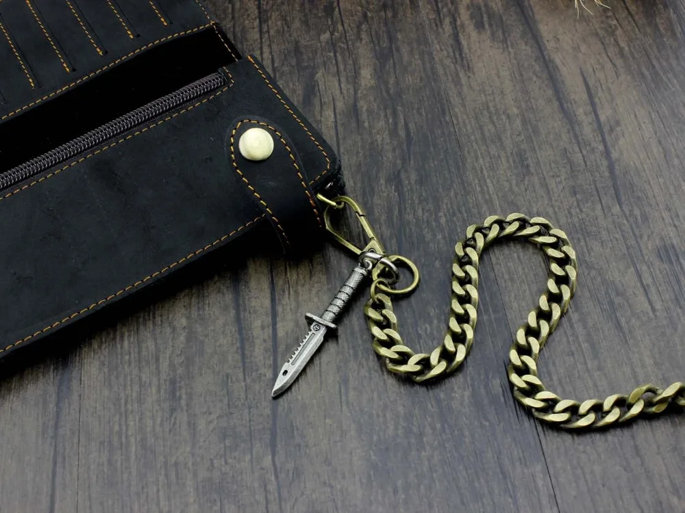 Mens Vintage Black Leather Biker Wallet Purse With Brass Cuban Link Key Chain