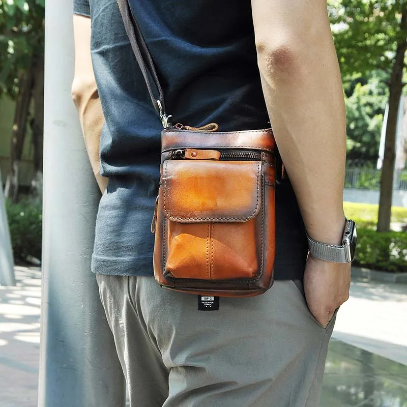 Модная мужская кожаная многофункциональная сумка через плечо, дизайнерский чехол для сигарет, чехол для телефона, поясная сумка на крючке, 611-18bu - Цвет: light brown