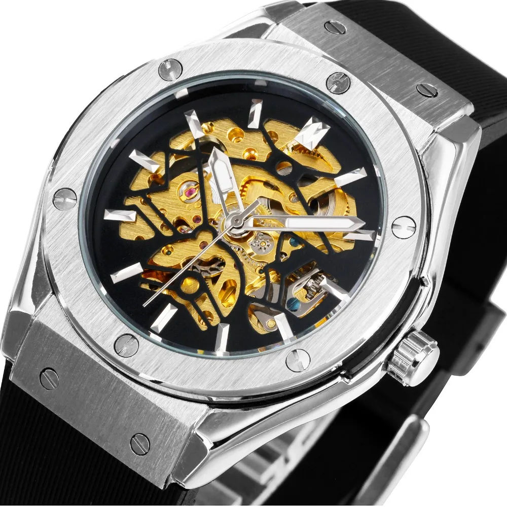 WINNER Men Military Watches 2017 Fashion Auto font b Mechanical b font Wristwatch Rubber Strap Skeleton