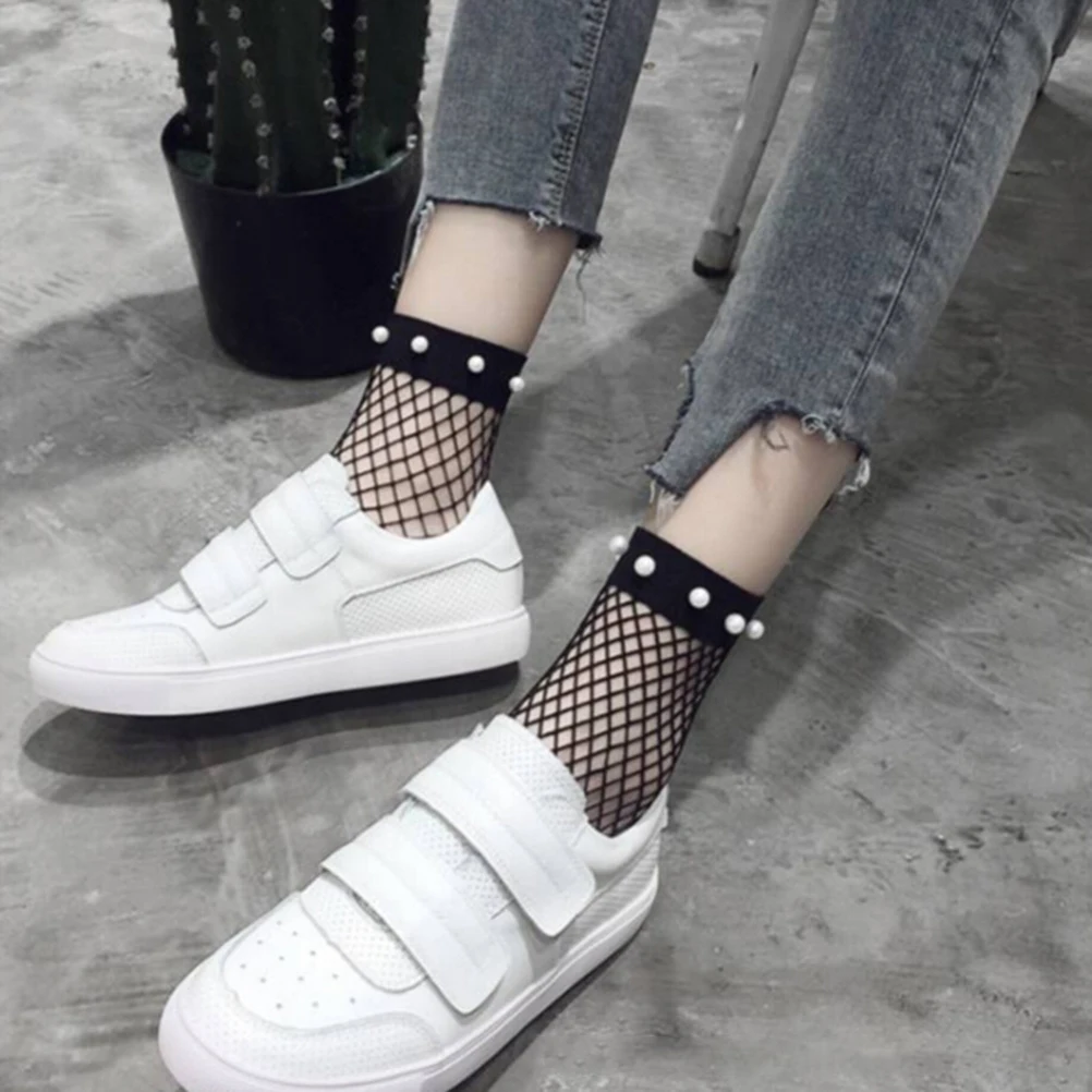 

Fashion Harajuku Solid Black Breathable Pearl Beads Fishnet Socks Cool Female Sexy Nets Socks Women Ladies Girls High Heels Sox