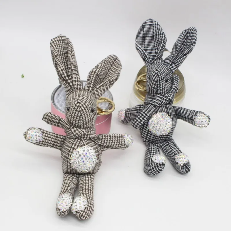 Cute Long Ear Diamond Bunny Rabbit Dolls Fashion Cartoon Plaid Keychain Toys Key Bag Pendant Dolls 5pcslot  (9)