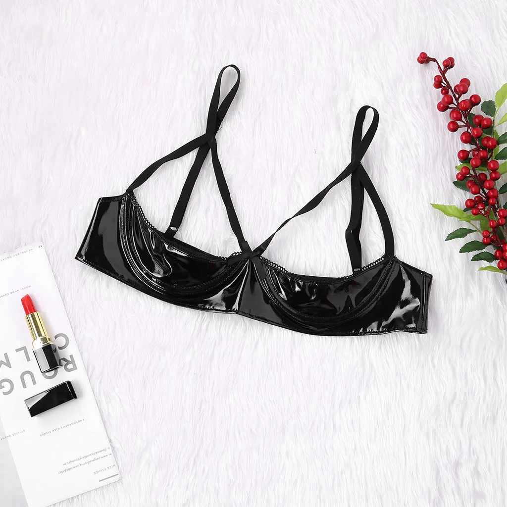 

New Fashion open cup bra Womens Sexy Plus Size Leather Bra Hollow Out Bow Female Leather bra Lingerie sujetador lencero