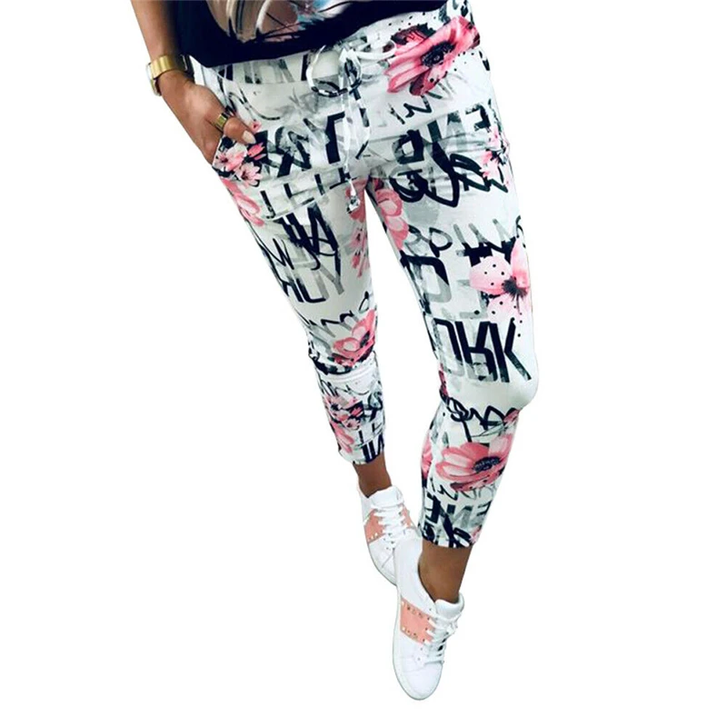 New Fashion Women's Mid Waist Stretch Pants Floral Print Skinny Pants Ladies Sport Fitness Pants Casual Pencil Pants