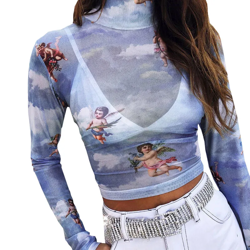 

Casual Winter New Women's Slim High Collar Long-Sleeved Mesh Perspective Cartoon Printing Short t Shirt Top