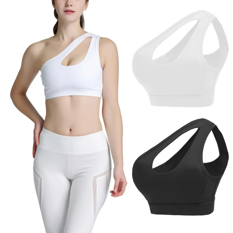 

Women Sexy One Shoulder Plus Size Solid Color Sports Bra Quick-drying Hollow Beauty Back Sports Training Yoga Fitness Underwear