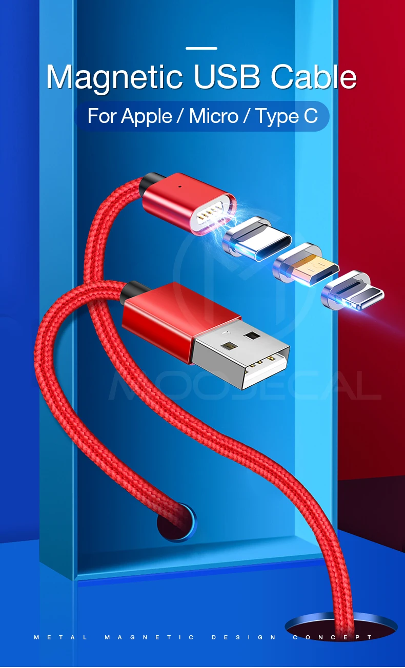 MOOJECAL светодиодный магнитный USB кабель для iPhone Xs Max 8 7 6 и usb type-C кабель Micro USB кабель для зарядки samsung Xiaomi huawei