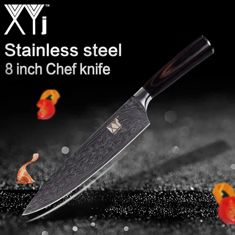 XYj Color Wood Handle Kitchen Knife Damascus Veins Stainless Steel Chef Slicing Santoku Utility Paring Cooking Kit Knife Tools