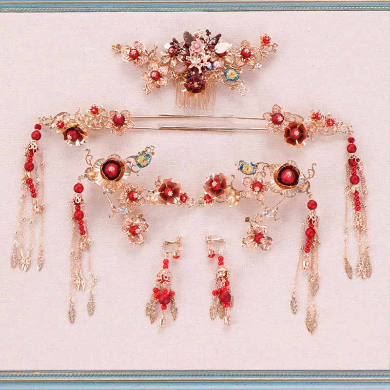 

Women Traditional Chinese Style Fashion Headdress Bridal Wedding Red Delicate Hair Jewelry Set Hair Comb Hairpin Earrings Set