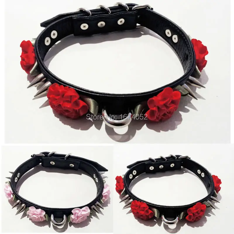 Женское модное кожаное ожерелье, двойной Шипованный Панк гот, эмо каваи двойные шипы чокер, ожерелье из искусственной кожи с цветком