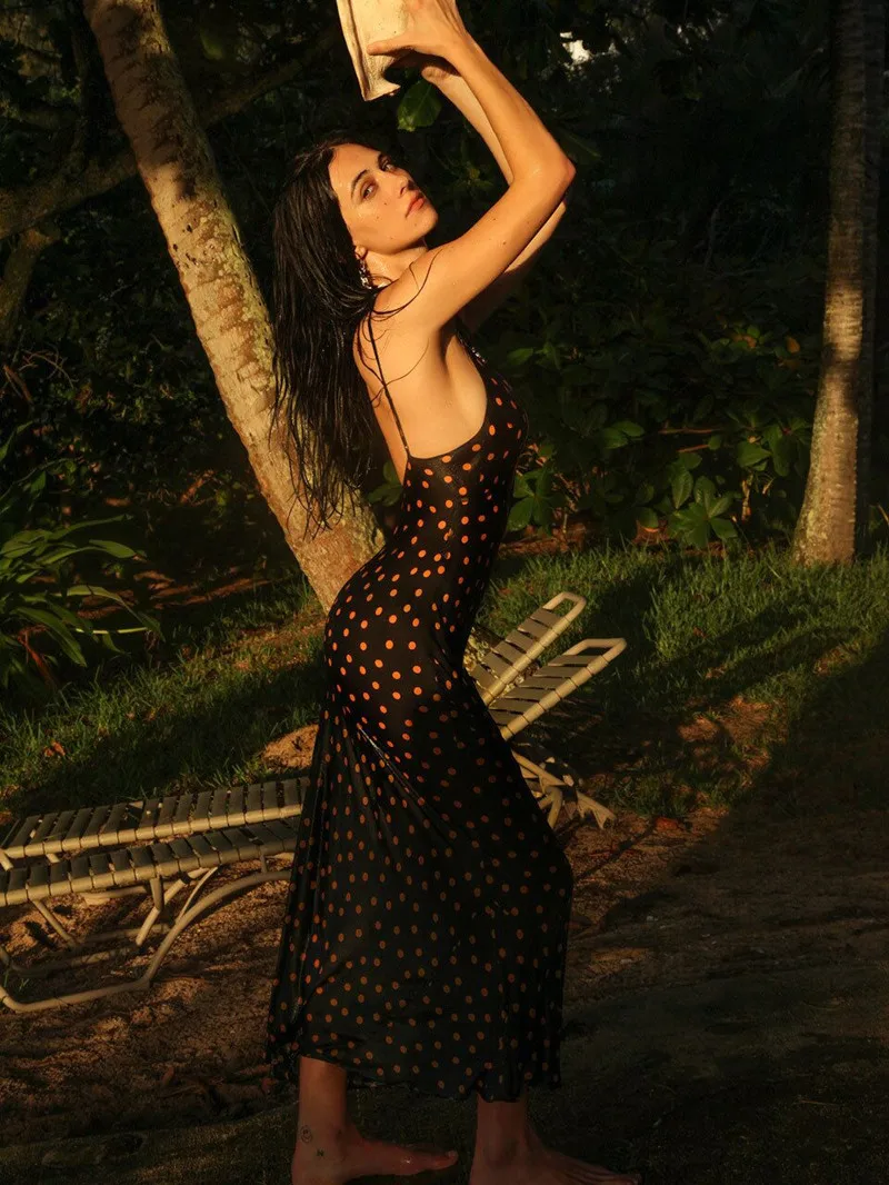 

100% Silk Women Polka Dot Print Sleeveless Party Dress Spaghetti Strap Long Slip Trumpet/Mermaid Dress