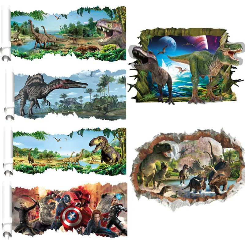 

Cartoon 3d Vivid Broken dinosaur Wall Stickers Decals Art Children Bedroom Decoration Kids Poster Mural