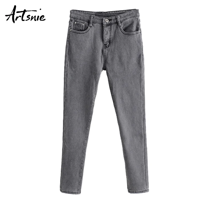 

Artsnie Gray Casual High Waist Cashmere Denim Pencil Pants Women Autumn 2018 Skinny Streetwear Boyfriend Warm Jeans Pants Femme