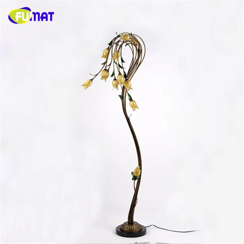 FUMAT Flower Floor Lamps Metal Glass Art Deco Light Living Room Nordic Pastoral Light For Bed Room Yellow Glass Shade LED Lights