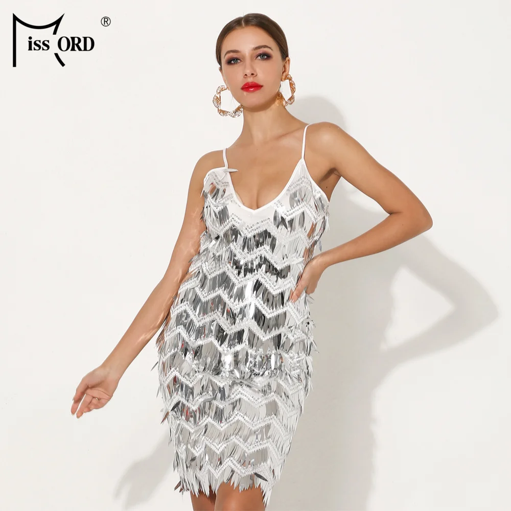 

Missord 2019 Women Sexy Off Shoulder Sequin Dress Female Tassel Backless Mini Elegant Bodycon Party Reflective Dress FT18875-1