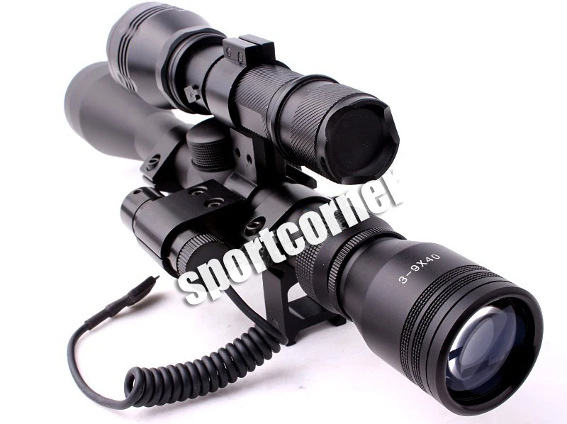 

New 1set Optical Sight Riflescope 3-9X40 Hunting Optics QQ01 Scope Mount Red Laser Sight Black Flashlight