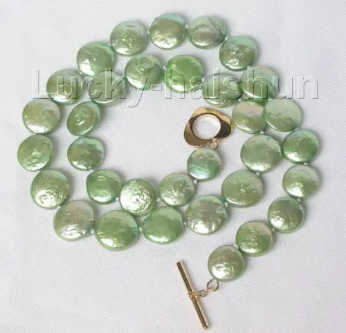 

FREE SHIPPING HOT sell new Style >>>>> 17" 12mm light green coin fastener freshwater pearls necklace j8691