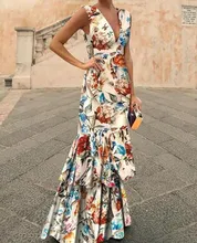 2019 Summer Women Elegant Deep V-Neck Backless Party Dress Sleeveless Bodycon Dress Bohemian Ruffle Floral Print Long Dress 2019 Summer Women Elegant Deep V-Neck Backless Party Dress Sleeveless Bodycon Dress Bohemian Ruffle Floral Print Long Dress