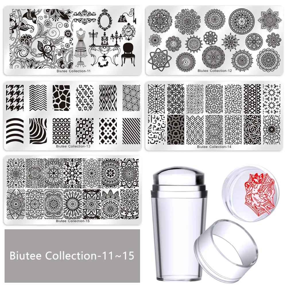 Biutee Nail Stamp Plates set 15 plate +1 Stamper+2 Scraper +1storage bag Desgins Nails Art Stamping Plate Scraper Stamper Set 6