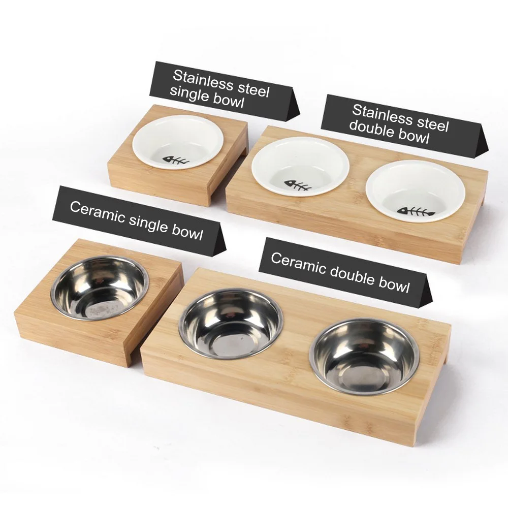 

Pet Dog Bowl Bamboo Pet Stainless Steel/Ceramic Feeding and Drinking Bowls Combination with Bamboo Frame for Dog Cats Pet Feeder
