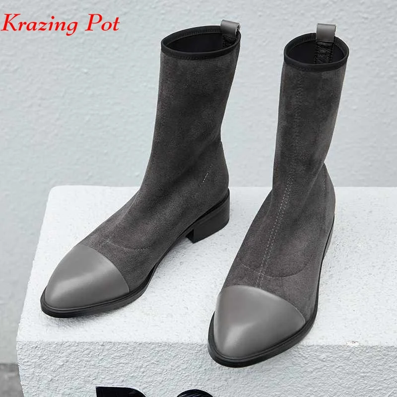 

Krazing pot new arrival genuine leather med heels stretch mid-calf boots round toe brand flock fashion winter career shoes L12