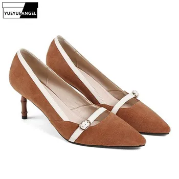 

Women 2019 Spring New Genuine Leather Shoes Casual Buckle Comfort Slip On Thin High Heels Pumps Pointed Toe Office Work Footwear