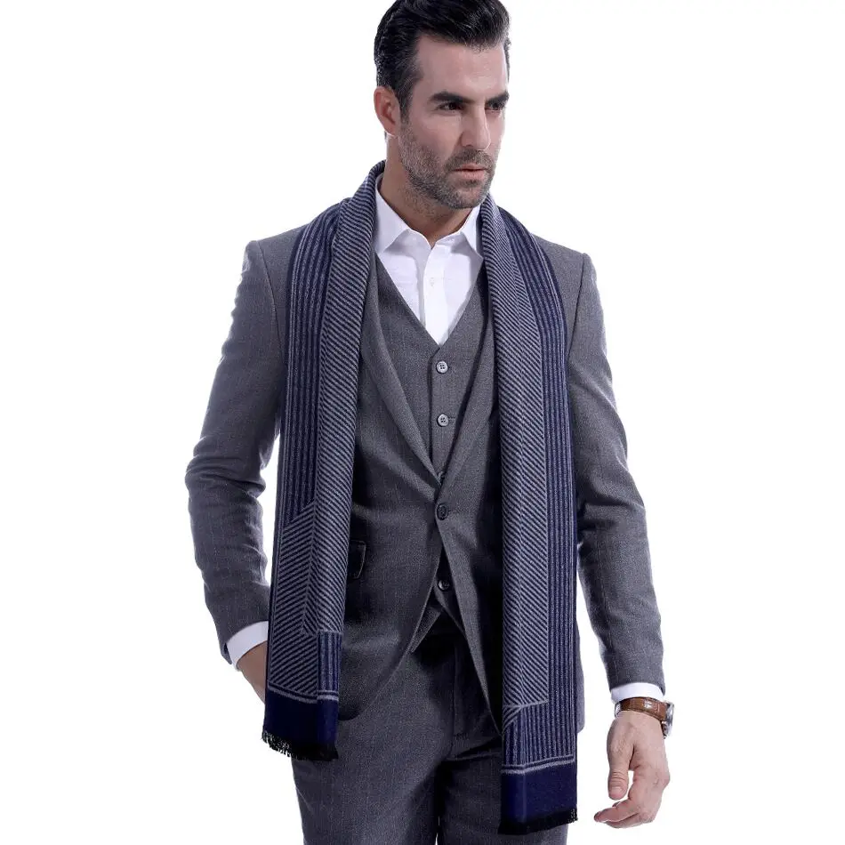 European Style Luxury Men's Scarf Soft Blue Stripe Scarves Luxury Shawl