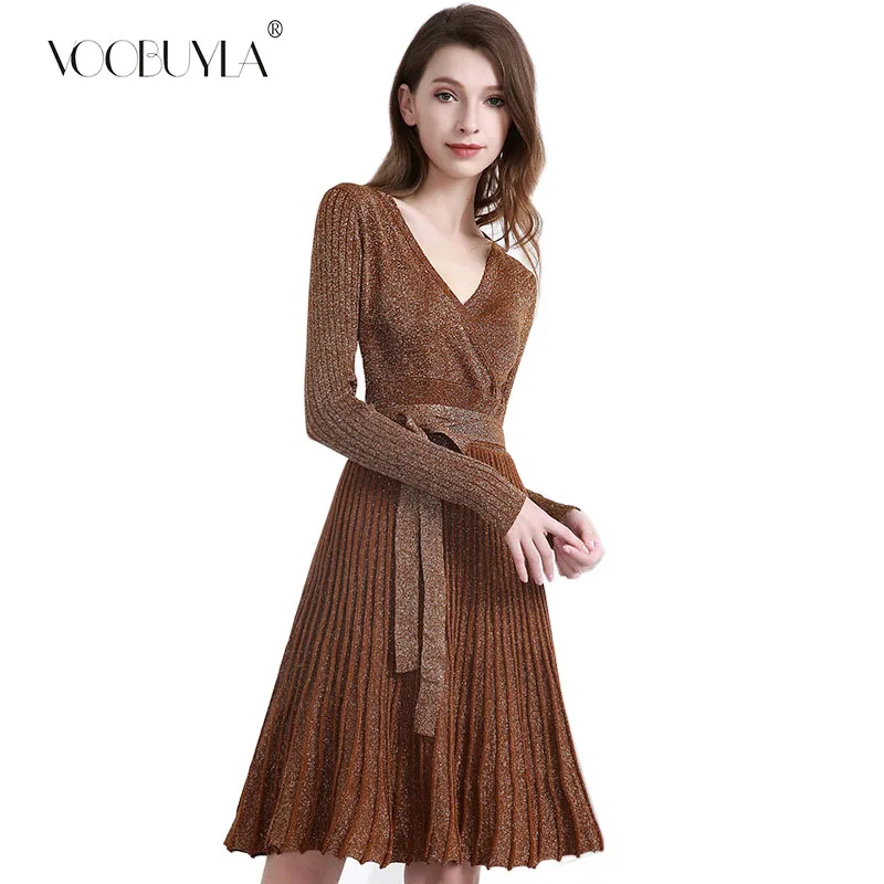 

Voobuyla Warm and Charm Women Sweater Dress Fall Winter Long Sexy Lurex Bodycon Dress Casual V-neck Elastic Skinny Knitted Dress