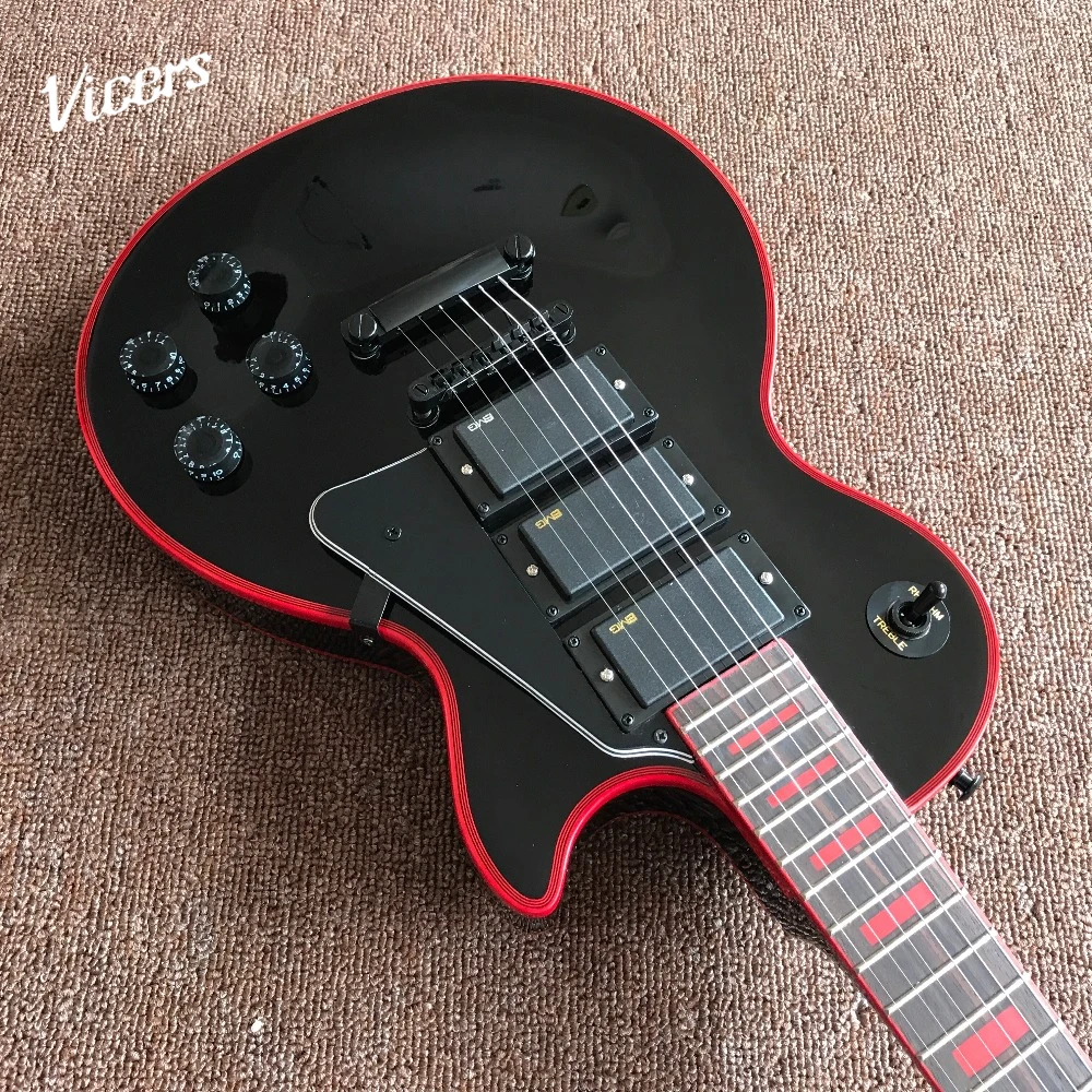 

New hottest black Chinese with 3 pickups Electric Guitar ,red binding and logo , real photos high quality guitarra