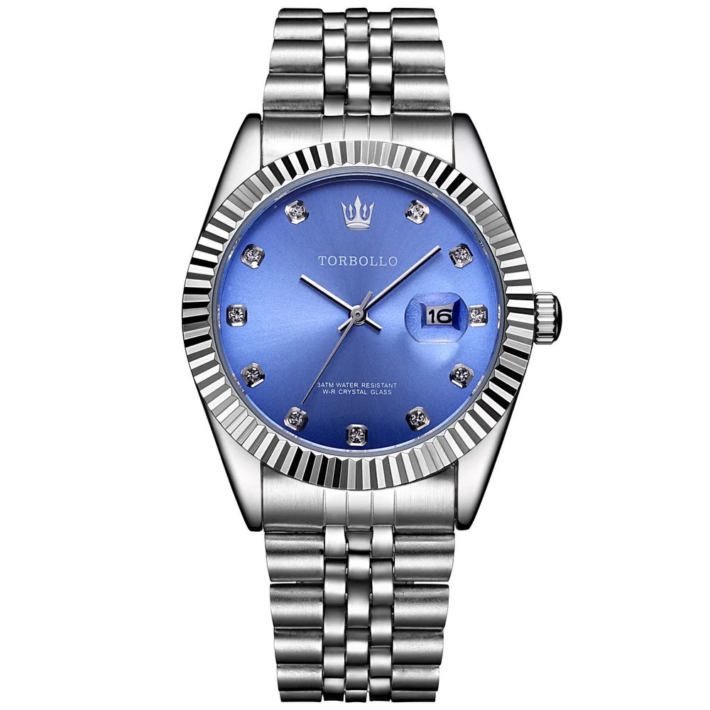 

TORBOLLO Brand NEW Fashion Quartz Men's Watch Stainless Steel Date Analog Display Silver Blue Men Watches relogio masculino