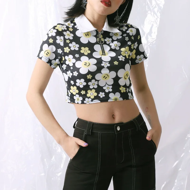 

Harajuku T-Shirt Women Smiley Daisy Print Ring Zipper Slim Short Tops Short Sleeve Turn-down Collar Floral Woman Clothes