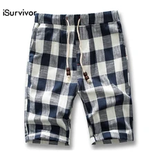 ISurvivor для мужчин летние хлопковые льняные шорты мотобрюки мужской повседневное модные тонкие установлены плед пляжная шорты для женщи