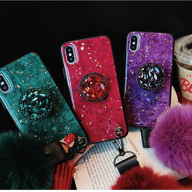

Luxury Colorful Marbled 3D Shiny Diamond Stand Fashion Hair Ball Lanyard Cover Case For iphone Max Xs Xr 6 7 8 Plus X Phone Case